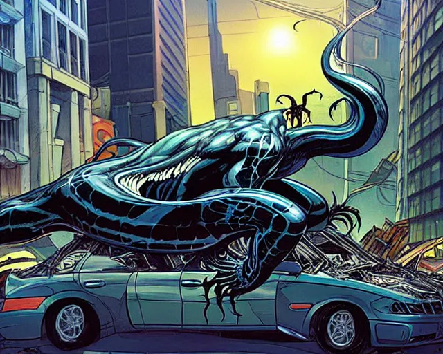 Image similar to A Venom standing on top of a wrecked car in the city, open arms art by Jason Chan and Gerardo Sandoval, Ultra detailed, hyper realistic,