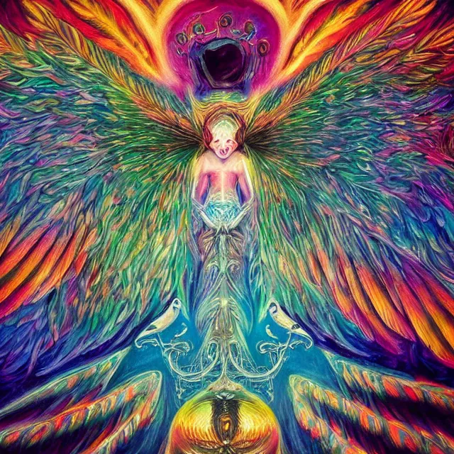 Image similar to angelic ophanim Lovecraftian celestial covered in eyes feathers and wings, oil painting award winning, chromatic aberration sharp colors, symmetrical geometry sublime angel covered in eyes be not afraid