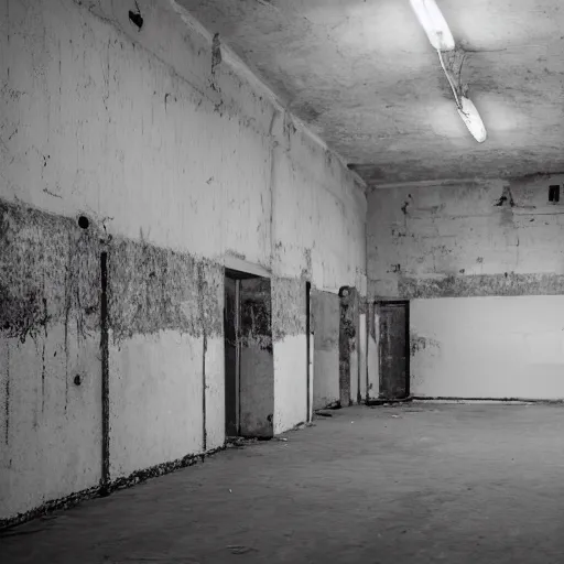 Image similar to the backrooms, the eerie forlorn atmosphere of a place that's usually bustling with people but is now abandoned and quiet, walls with a monochromatic tone of yellow, buzzing fluorescent lights, unsettling images