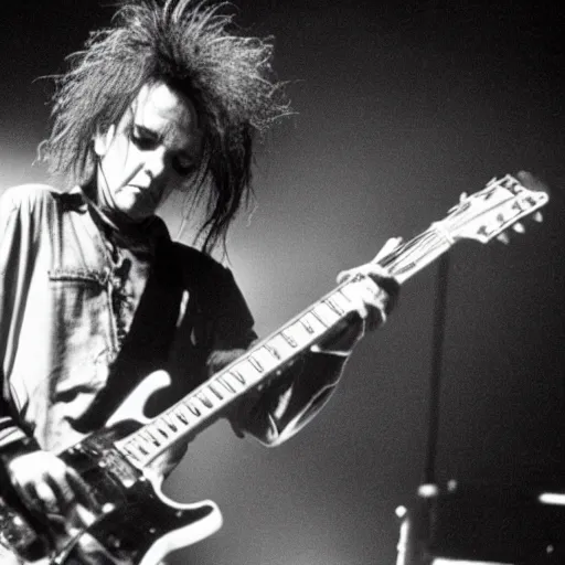 Prompt: grey alien playing guitar in the band the cure