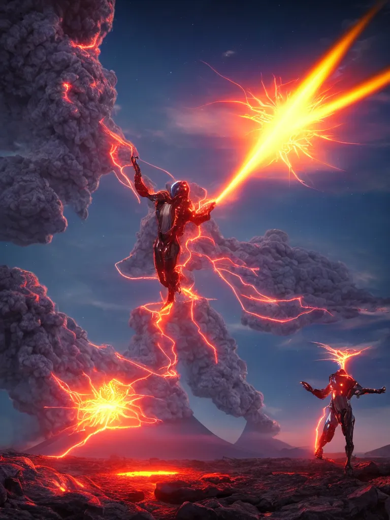 Prompt: levitating cybertronic wizard, opening a shining portal, night sky, horizon of an erupting volcano, 4 k, ultra realistic, detailed, epic lighting, high detail, masterpiece, trending on artstation