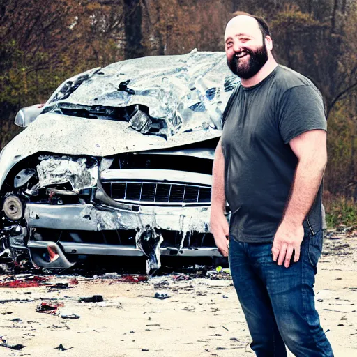 Image similar to Tom Segura laughing in front of a carcrash, hidden camera photo, photorealistic, 8k