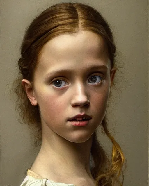 Prompt: a window - lit realistic portrait painting of a thoughtful girl resembling a young, shy, redheaded alicia vikander or millie bobby brown wearing peasant clothes by an open window, highly detailed, intricate, concept art, artstation, by donato giancola, vermeer, and william bouguereau