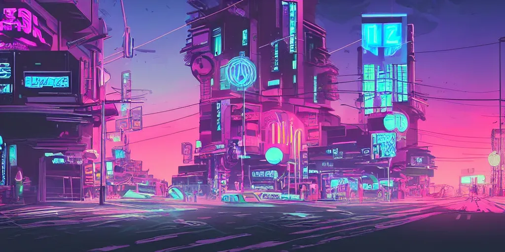Image similar to street scene neon futuristic cyberpunk vaporwave tron glow sunset clouds sky illustration concept art