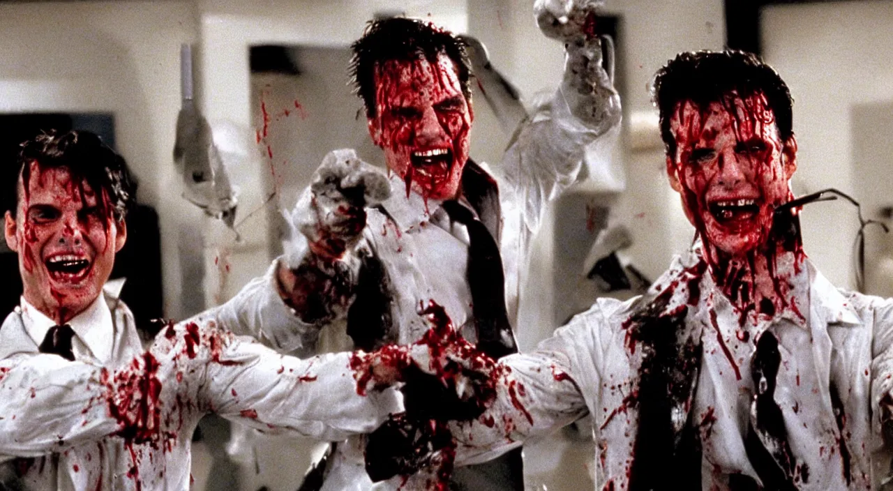 Image similar to Tom Cruise with a psychotic grin, wearing a blood-splattered business suit, as Patrick Bateman in American Psycho (2000)