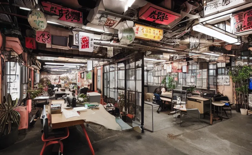 Image similar to Maximalist Japanese work space interior, multiple desks, cupboards, old brick walls, concrete, neon signs, plants, cyberpunk, large windows, Akihabara style