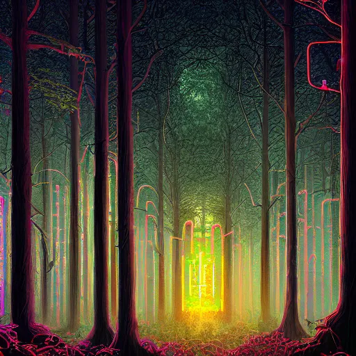 Prompt: a tall glowing maze in the dark forest, digital painting by Dan Mumford and James Jean and Greg Rutkowski, panoramic view, light and shadow