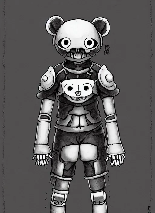 Image similar to beautiful little boy wearing an cyborg bear suit, artwork in kentaro miura and made in abyss and rosdraws, smooth, beautiful lightness, anatomically correct, trending on pixiv, forest