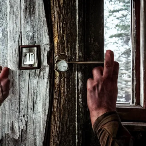 Prompt: locked in a cabin in the woods : a horror story come to life, this photo idea features a person locked in a cabin with a madman outside, trying to get in.