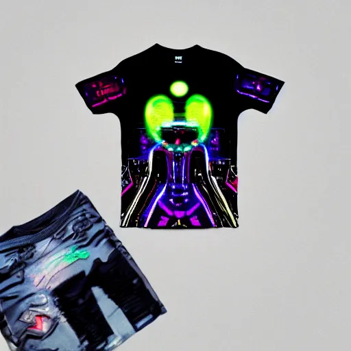 Image similar to photo of a black tshirt with a hyperdetailed portrait of a futuristic trippy cyberpunk dancing robot, 8 k, symetrical, flourescent colors, multicolored tshirt art,