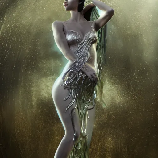 Image similar to a highly detailed ethereal full body, digital image of a elegantly posed dancing futuristic woman beautifully intertwined in realistic chrome foliage dress liquid like water, full body shot, by Andrew Chiampo, artstation, and Frederik Heyman, extremely detailed woman, stunning volumetric lighting, hyper realism, fantasy, intricate detail, 4k,