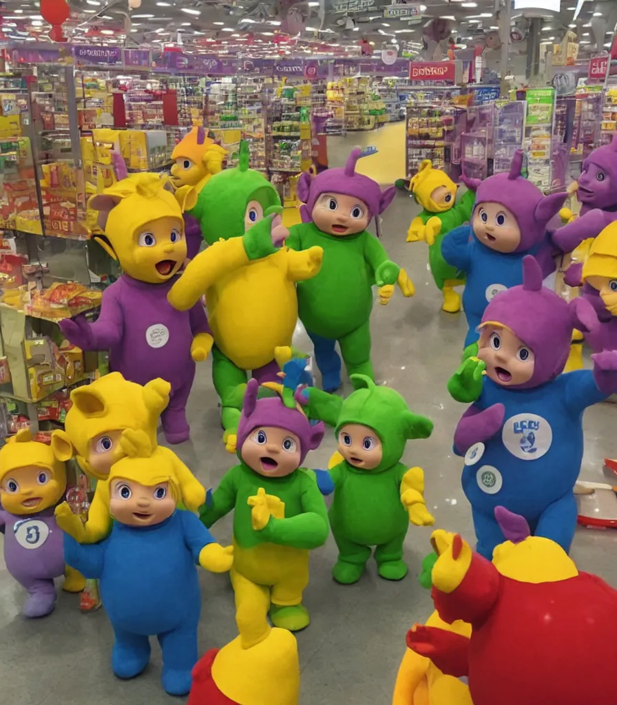 Image similar to teletubbies at tesco buying pasta