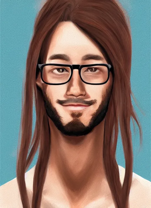Prompt: a beautiful chad german guy with very long chestnut! hair, with glasses and short stubble! goatee cosplaying! a japanese cat girl, trade offer meme, digital painting, concept art, matte