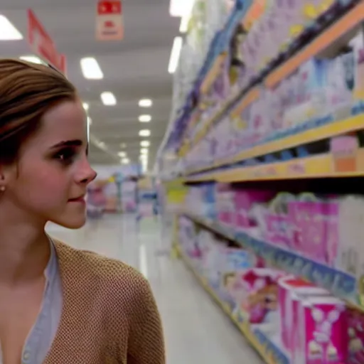 Prompt: emma watson, inside kmart, film still, instagram,