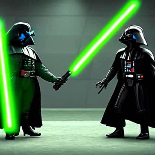 Prompt: Darth Vader battles Kermit the Frog in a Lightsaber duel, cinematic, 8k