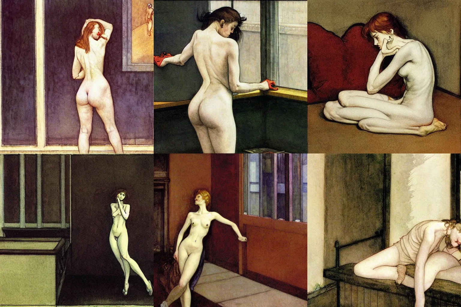 Prompt: uncontrollable and sinless. painting by edward hopper, arthur rackham and milo manara