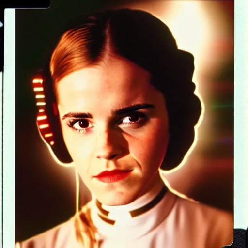 Image similar to film still of emma watson as princess leia organa in star wars, polaroid, photography, film, kodak