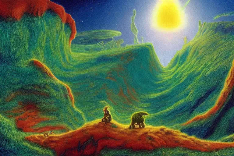 Image similar to land before time elemental rotoscoped big bang landscape in the style of dr. seuss, 2 0 0 1 a space odyssey, painting by albert bierstadt