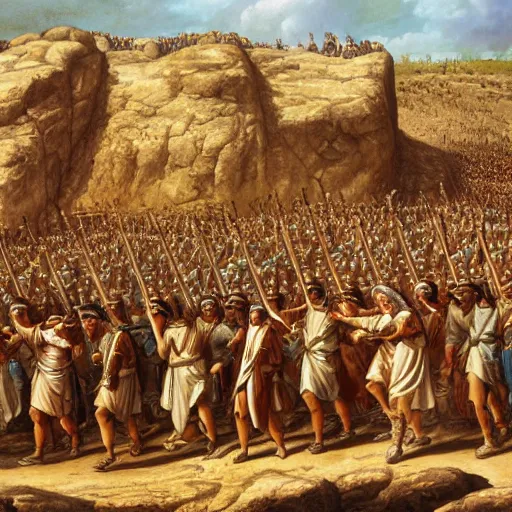 Image similar to the army of ancient Israel marching behind the ark of the covenant around the walls of ancient Jericho, 8k high detail