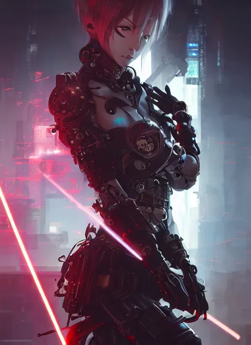 Image similar to cool cyberpunk cyborg samurai girl, battle pose, laser guns, extremely beautiful, detailed portrait, intricate light complexity, concept art by krenz cushart, kyoto animation, wlop. 4 k, beautiful, cinematic dramatic atmosphere, sharp focus, perfect lightning