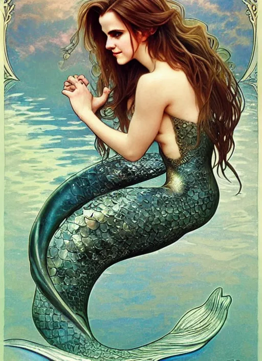 Prompt: Emma Watson as mermaid underwater, full body shot, cute, fantasy, intricate, elegant, highly detailed, digital painting, 4k, HDR, concept art, smooth, sharp focus, illustration, art by alphonse mucha,artgerm, H R Giger