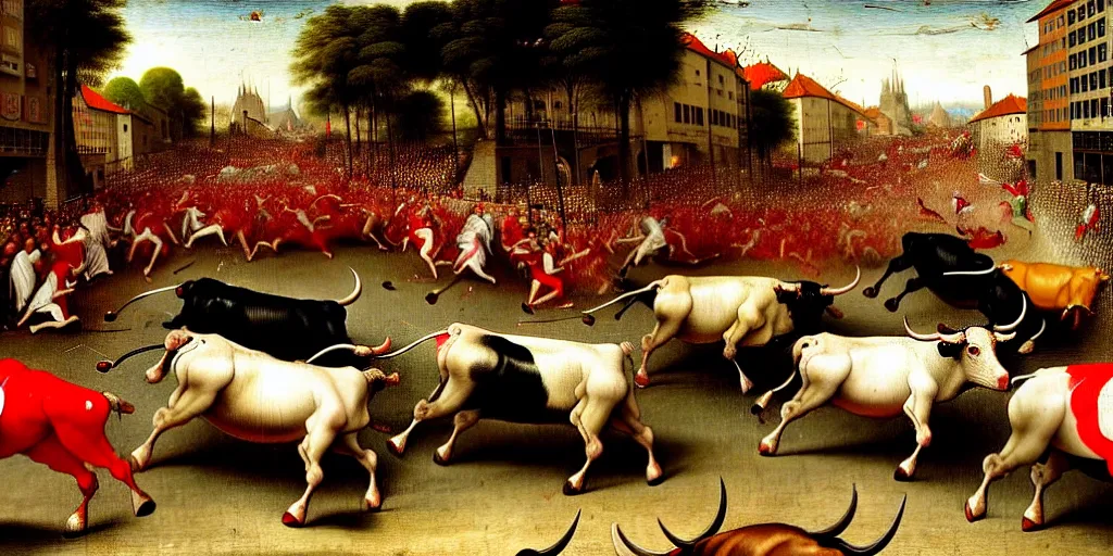 Image similar to the running of the bulls in pamplona, hundreds of people are fleeing from rampaging bulls in the city streets, art by hieronymus bosch, intricate, elegant, highly detailed, smooth, sharp focus, artstation