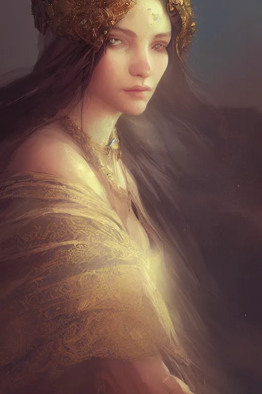 Image similar to medieval princess, gorgeous, close-up portrait, intricate, elegant, volumetric lighting, scenery, digital painting, highly detailed, artstation, sharp focus, illustration, concept art, ruan jia, steve mccurry