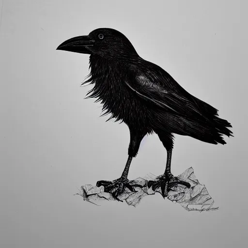 Image similar to detailed crow illustration, full body, surrealist, black ink on white paper, sketched 4k