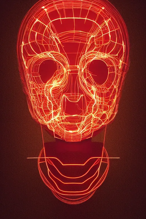 Image similar to organic cyborg head wrapped in plastic wire by pixar, centered, symmetrical, cinematic lighting, gold and red, bilateral symmetry, 80s poster, polished, thick smoke, retro dark vintage sci-fi, 2D matte illustration