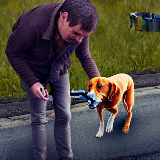 Image similar to photograph of a man with a dog begging!!!!!!!!!!!!!!!!!!!!! for food, 8k resolution, high detail, ULTRA REALISTIC VFX, reflections