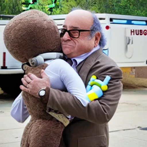 Image similar to <picture meta='attention-grabbing' description='cute adorable friendly caring' robotDesires='hug' location='alabama'>Robot meets Danny DeVito<picture>