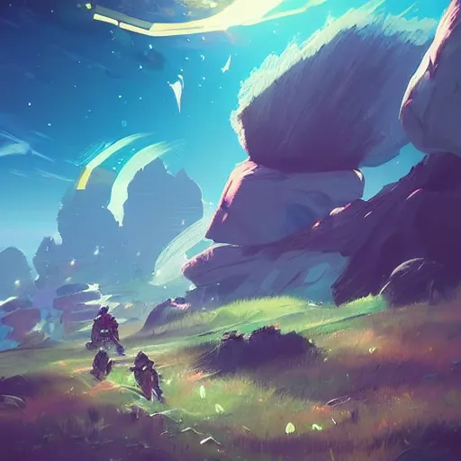 Image similar to a spaceship crashed into a beautiful foreign planet. The spaceship is buried in the ground. in the style of digital art, artstation trending, rossdraws, breath of the wild