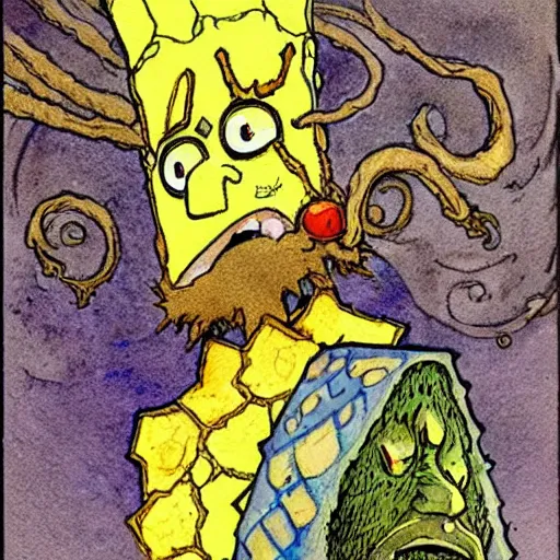 Prompt: a realistic and atmospheric watercolour fantasy character concept art portrait of spongebob as a druidic warrior wizard looking at the camera with an intelligent gaze by rebecca guay, michael kaluta, charles vess and jean moebius giraud