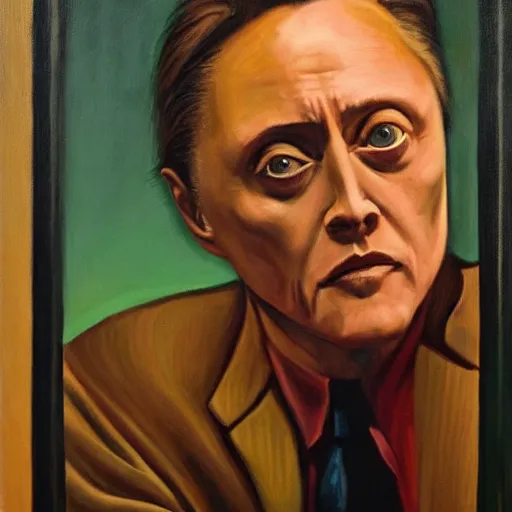 Image similar to christopher walken, portrait, dystopian, pj crook, edward hopper, oil on canvas