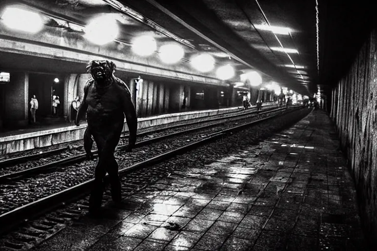 Prompt: very large giant mutant zombie irradiated ( angry rat ) staying on railways in tonnel of moscow subway. extreme high detail, very realistic. extreme long shot, low dark light, scary mood.