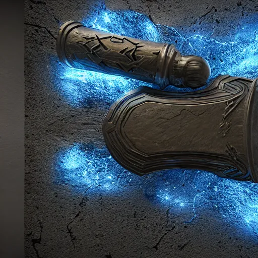 Image similar to Mjolnir, Hammer of Lightning, blue glowing pattern, unreal engine, octane render, 8k, hdr, extreme!! detail, hyperrealistic