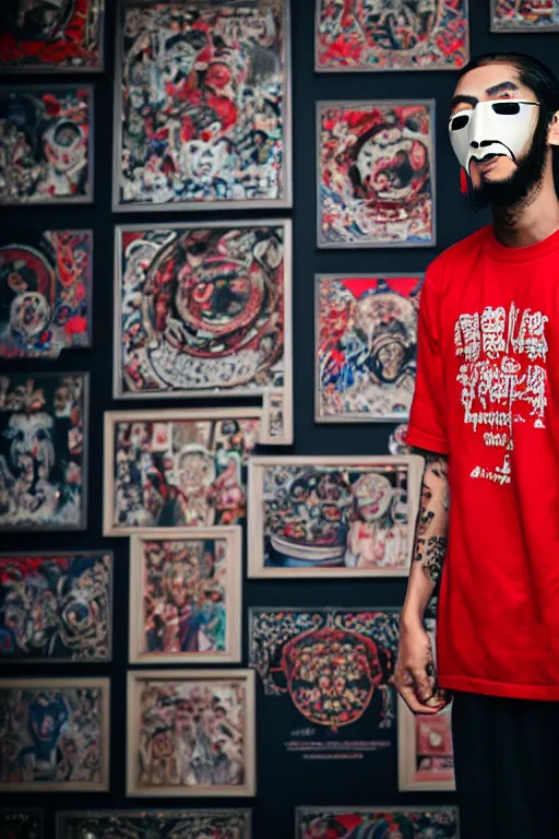 Image similar to asian guy with oni mask stand in front of wall with nipsey hussle mural, photorealistic, smooth, 4 k, aesthetic lighting, baroque object, sharp focus, hyperdetailed, professional photography, pullitzer winning, photo by : canon eos 5 d mark iv, by karah mew and adnan abidi and jodie bateman