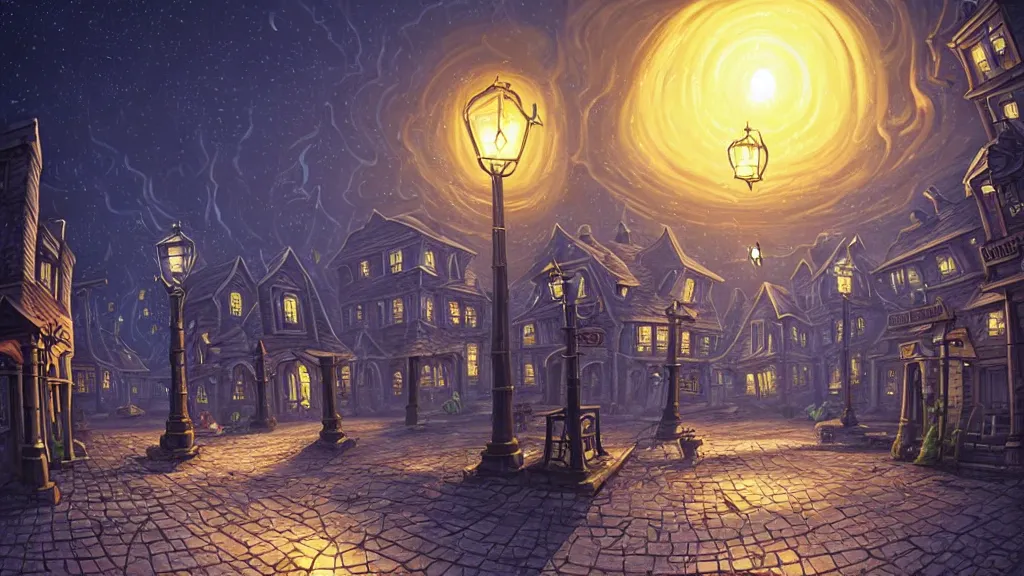 Image similar to empty lovecraftian town square surrounded by houses and inns. cthulhu statue. lovecraftian city at night by cyril rolando and naomi okubo and dan mumford and ricardo bofill. lovecraft. cobbled streets. oil lamp posts. lovecraftian. starry night swirly sky.