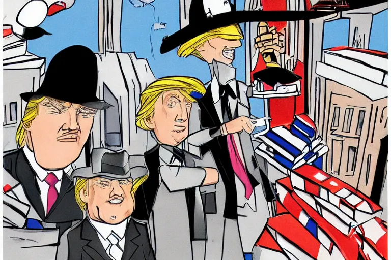 Image similar to 2 d poster illlustration donald trump and donald trump wearing trenchcoats and black spy hats, stacks of boxes everywhere and a safe broken open for the movie spy vs spy