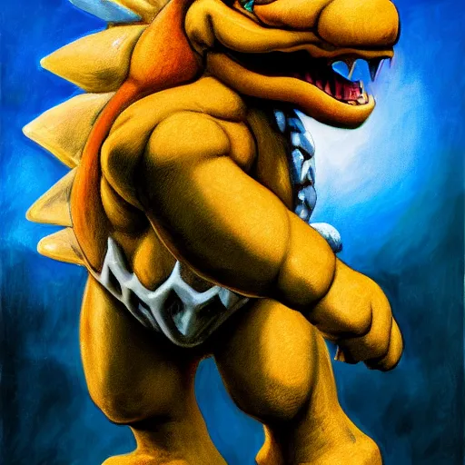 Prompt: An ultra realistic portrait painting of Bowser the Koopa King in the style of Frank Frazetta, 4k, Ultrarealistic, Highly Detailed, Dark Fantasy, Epic Lighting