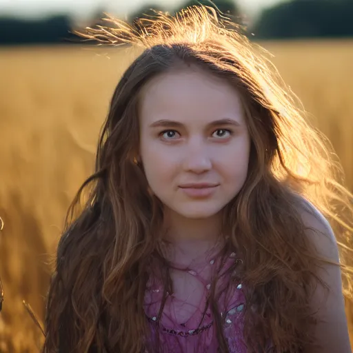 Image similar to portrait of a beautiful girl, close - up, low depth of field, sharp focus on face, golden light, in a wheat field