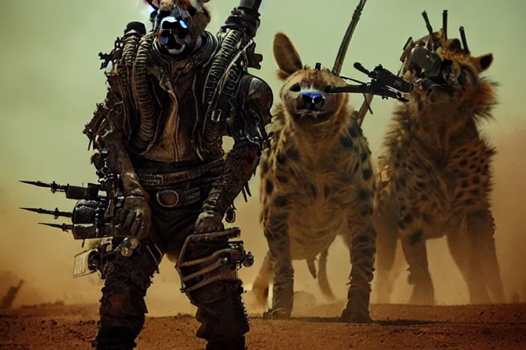 Image similar to a good ol'hyena fursona ( from the furry fandom ), heavily armed and armored facing down armageddon in a dark and gritty version from the makers of mad max : fury road. witness me.