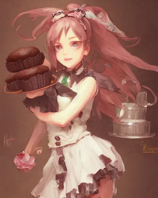 Image similar to a ( girl as personification of chocolate cupcake ), fantasy bakery, digital art by krenz cushart, laurie greasly, intricate, highly detailed, sharp focus, smooth, epic composition, joyful, unreal engine