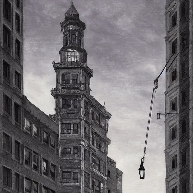 Image similar to ultra - realistic painting gothic 1 9 2 0 s 1 0 - storey hotel in downtown boston overlooking a dark street against a horrifying cosmic sky, atmospheric lighting, gloomy, foreboding