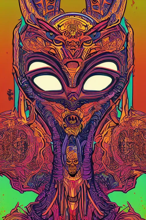 Image similar to animal mask totem roots flower tribal feather gemstone plant wood rock shaman vodoo video game vector cutout illustration vivid multicolor borderlands comics by josan gonzales and dan mumford radiating a glowing aura