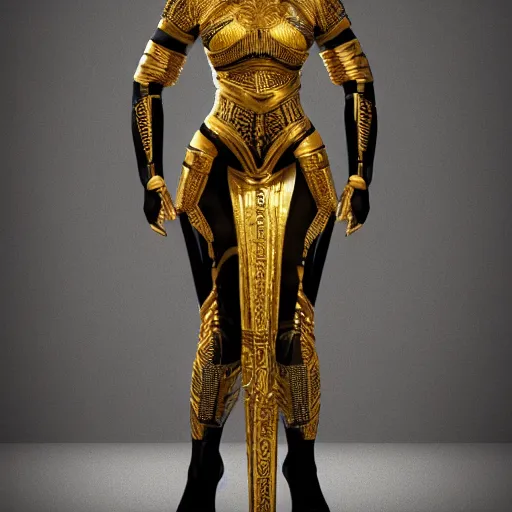 Image similar to Full body portrait, beautiful black woman with symmetrical features, standing in gilded black and gold armour, photorealistic, intricate detail, arnold render,