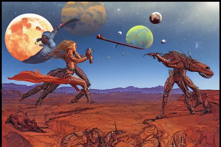 Image similar to beautiful amazons riding dinosaurs on mars against a backdrop of canyons, mercury rainbows in the sky and space fighters shooting, artwork by jean giraud