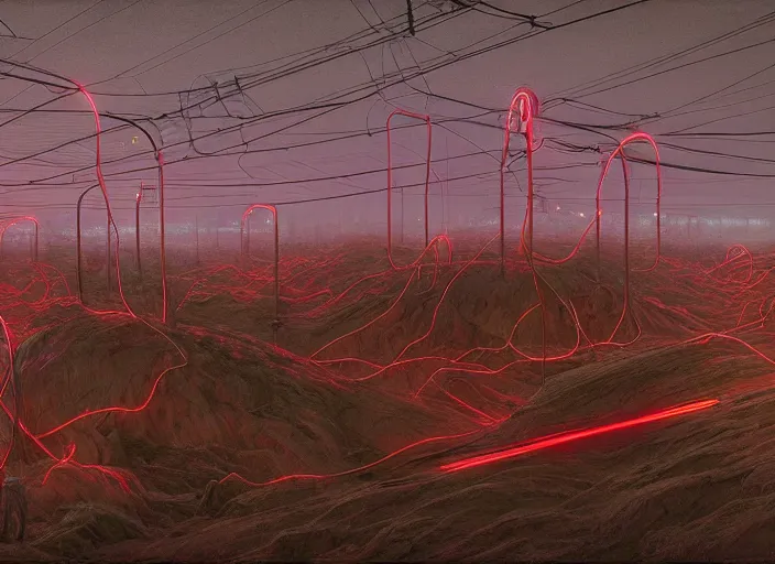 Image similar to Landscape, neon, red, glowing, wires everywhere, by Edgar Maxence and Ross Tran, Zdzisław Beksiński, and Michael Whelan, distant, gustav dore, H.R. Giger, 8k, octane render