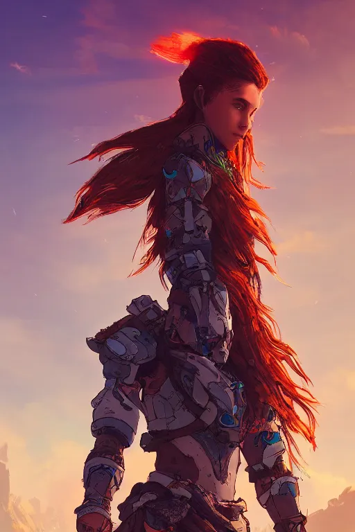 Image similar to combination suit armor aloy horizon forbidden west horizon zero dawn radiating a glowing aura global illumination ray tracing hdr fanart arstation by ian pesty and alena aenami artworks in 4 k tribal robot ninja mask helmet backpack