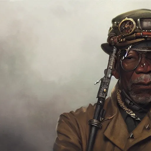 Prompt: Morgan Freeman as a Dieselpunk Steampunk soldier, intricate, highly detailed, digital painting, artstation, concept art, sharp focus, illustration, art by greg rutkowski and alphonse mucha